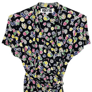 Vicky Tiel Midi Wrap Dress Size XL Black Colorful Floral Stretch Casual Career